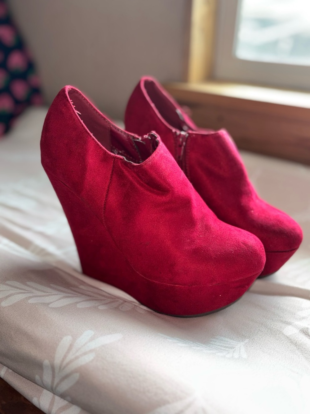 Breckelles Red Suede Platform Wedge Booties